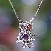 Garnet and amethyst pendant necklace, 'Wise Owl'