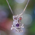 Garnet and amethyst pendant necklace, 'Wise Owl' - Sterling Silver and Amethyst Pendant Necklace