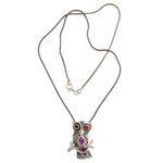 Garnet and amethyst pendant necklace, 'Wise Owl' - Sterling Silver and Amethyst Pendant Necklace
