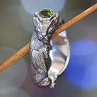 Peridot ring, 'Dreams of a Cat' - Unusual Cat Themed Peridot Sterling Silver Ring 