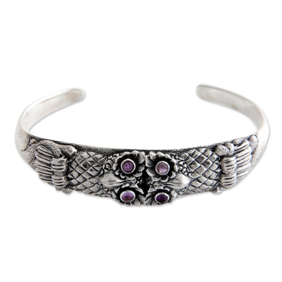 Amethyst cuff bracelet, 'Twin Owls' - Sterling Silver and Amethyst Cuff Bracelet