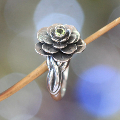Peridot flower ring, 'Holy Lotus' - Floral Sterling Silver and Peridot Ring