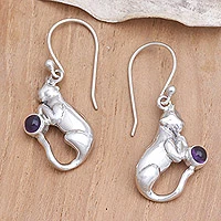 Amethyst dangle earrings, 'Dreams of a Cat' - Handmade Sterling Silver and Amethyst Earrings