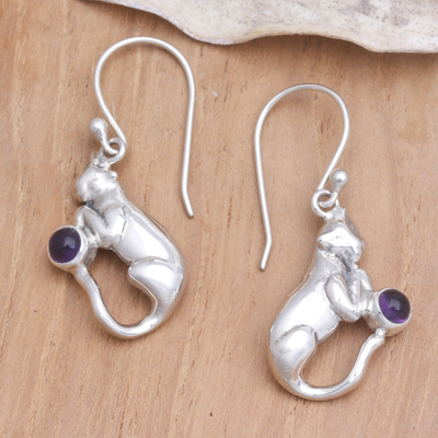 Amethyst dangle earrings, 'Dreams of a Cat' - Handmade Sterling Silver and Amethyst Earrings