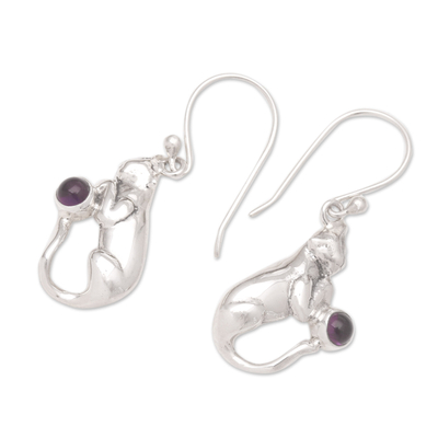 Amethyst dangle earrings, 'Dreams of a Cat' - Handmade Sterling Silver and Amethyst Earrings