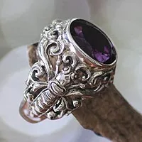 Men's amethyst ring, 'Balinese Butterfly' - Men's Handcrafted Sterling Silver and Amethyst Ring