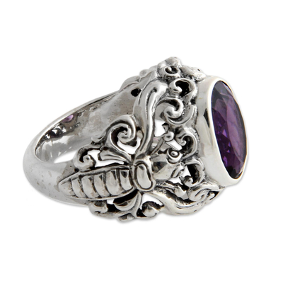 Men's amethyst ring, 'Balinese Butterfly' - Men's Handcrafted Sterling Silver and Amethyst Ring