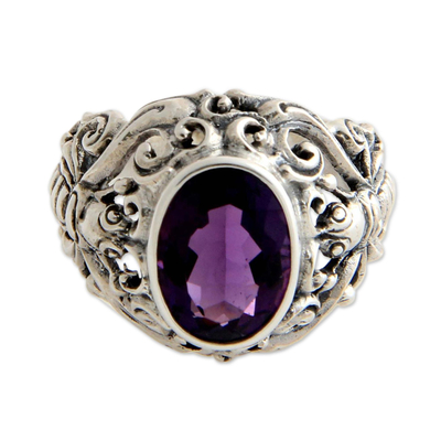 Men's amethyst ring, 'Balinese Butterfly' - Men's Handcrafted Sterling Silver and Amethyst Ring