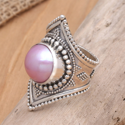 Pearl cocktail ring, 'Glowing Rose' - Pearl cocktail ring