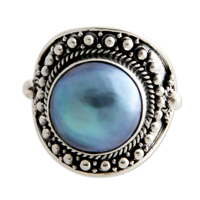 Pearl cocktail ring, 'Blue Bali' - Unique Indonesian Sterling Silver and Pearl Cocktail Ring