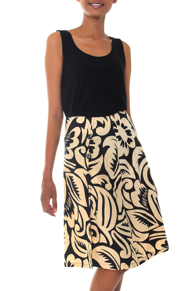 Cotton batik skirt, 'Balinese Shadow' - Black and Pale Yellow Floral Batik Cotton Skirt