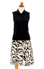 Cotton batik skirt, 'Balinese Shadow' - Black and Pale Yellow Floral Batik Cotton Skirt