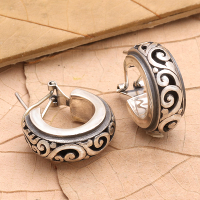 Sterling silver half-hoop earrings, 'Karangasem Castle' - Petite Sterling Silver Half Hoop Earrings from Bali