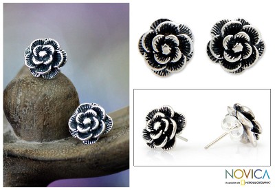 Sterling silver flower earrings, 'Balinese Rose' - Sterling Silver Flower Earrings