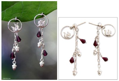 Garnet dangle earrings, 'Squirrel Symphony' - Garnet dangle earrings
