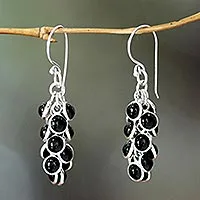 Onyx waterfall earrings, 'Madakaripura Delight' - Hand Crafted Sterling Silver and Onyx Earrings