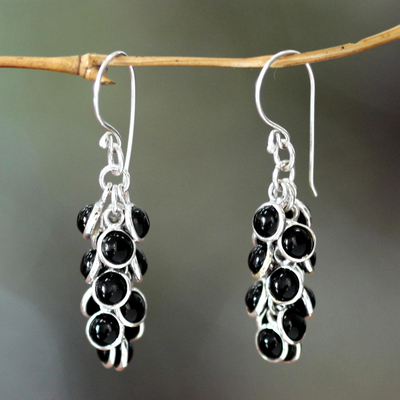 Onyx waterfall earrings, 'Madakaripura Delight' - Hand Crafted Sterling Silver and Onyx Earrings