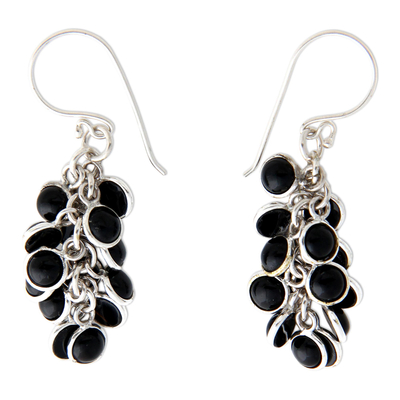 Onyx waterfall earrings, 'Madakaripura Delight' - Hand Crafted Sterling Silver and Onyx Earrings