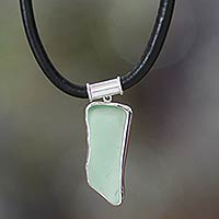 Sterling silver and leather pendant necklace, 'Sea Drift' - Sterling Silver and Sea Glass Pendant Necklace