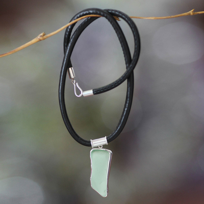Sterling silver and leather pendant necklace, 'Sea Drift' - Sterling Silver and Sea Glass Pendant Necklace