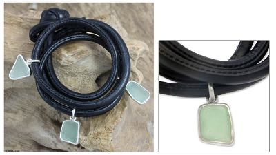 Men's sterling silver and leather bracelet, 'Ocean Story' - Men's Leather and Sea Glass Bracelet