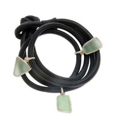 Men's sterling silver and leather bracelet, 'Ocean Story' - Men's Leather and Sea Glass Bracelet