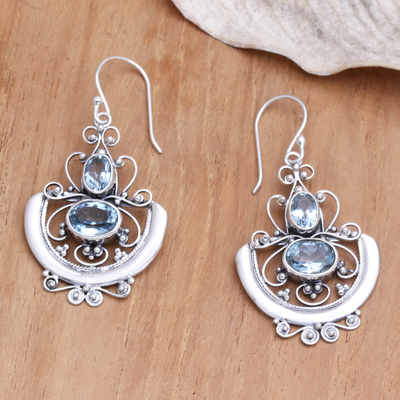 Blue topaz dangle earrings, 'Balinese Goddess' - Handcrafted Blue Topaz and Silver Dangle Earrings