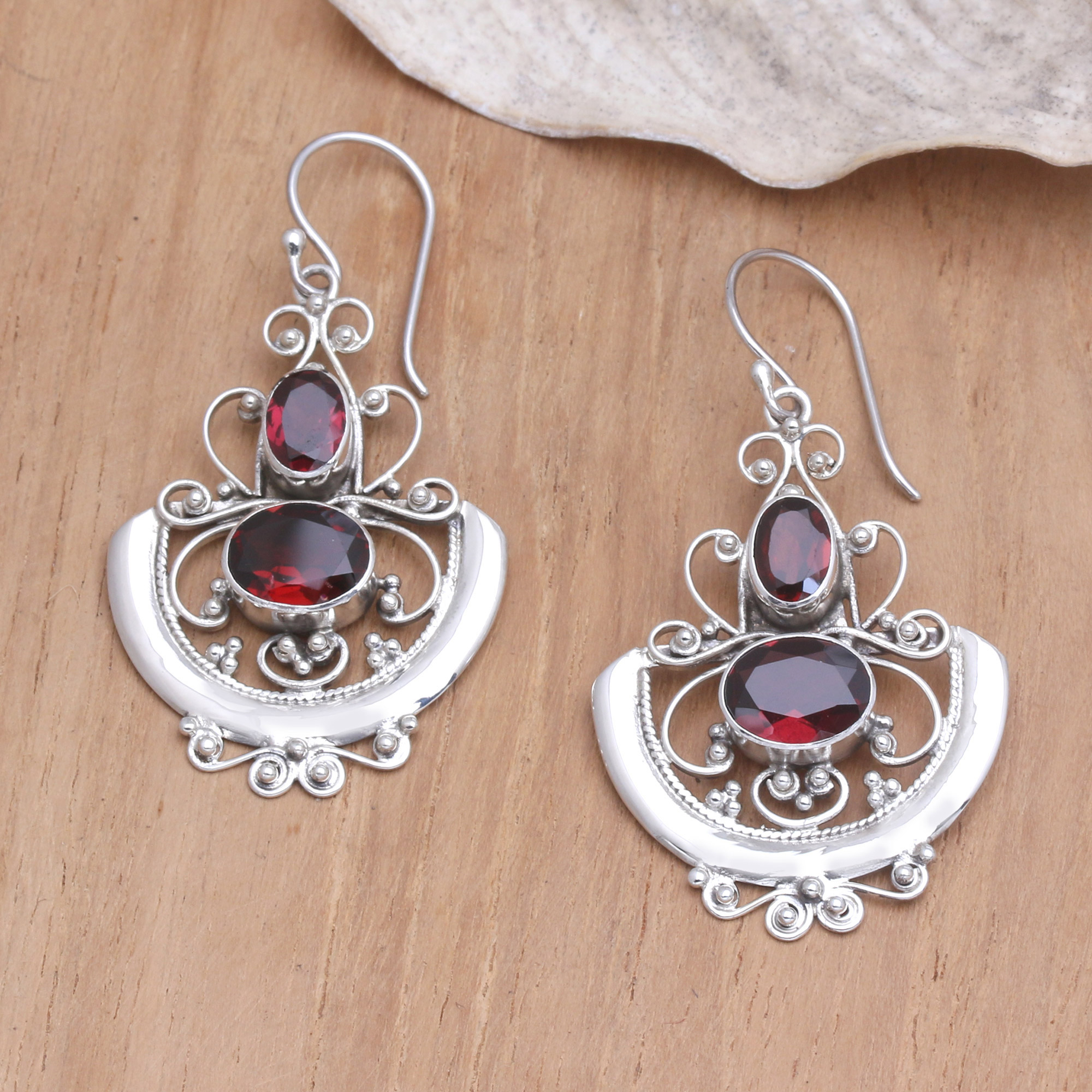 Sterling Silver and Garnet Dangle Earrings - Balinese Goddess | NOVICA