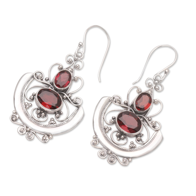 Garnet dangle earrings, 'Balinese Goddess' - Sterling Silver and Garnet Dangle Earrings