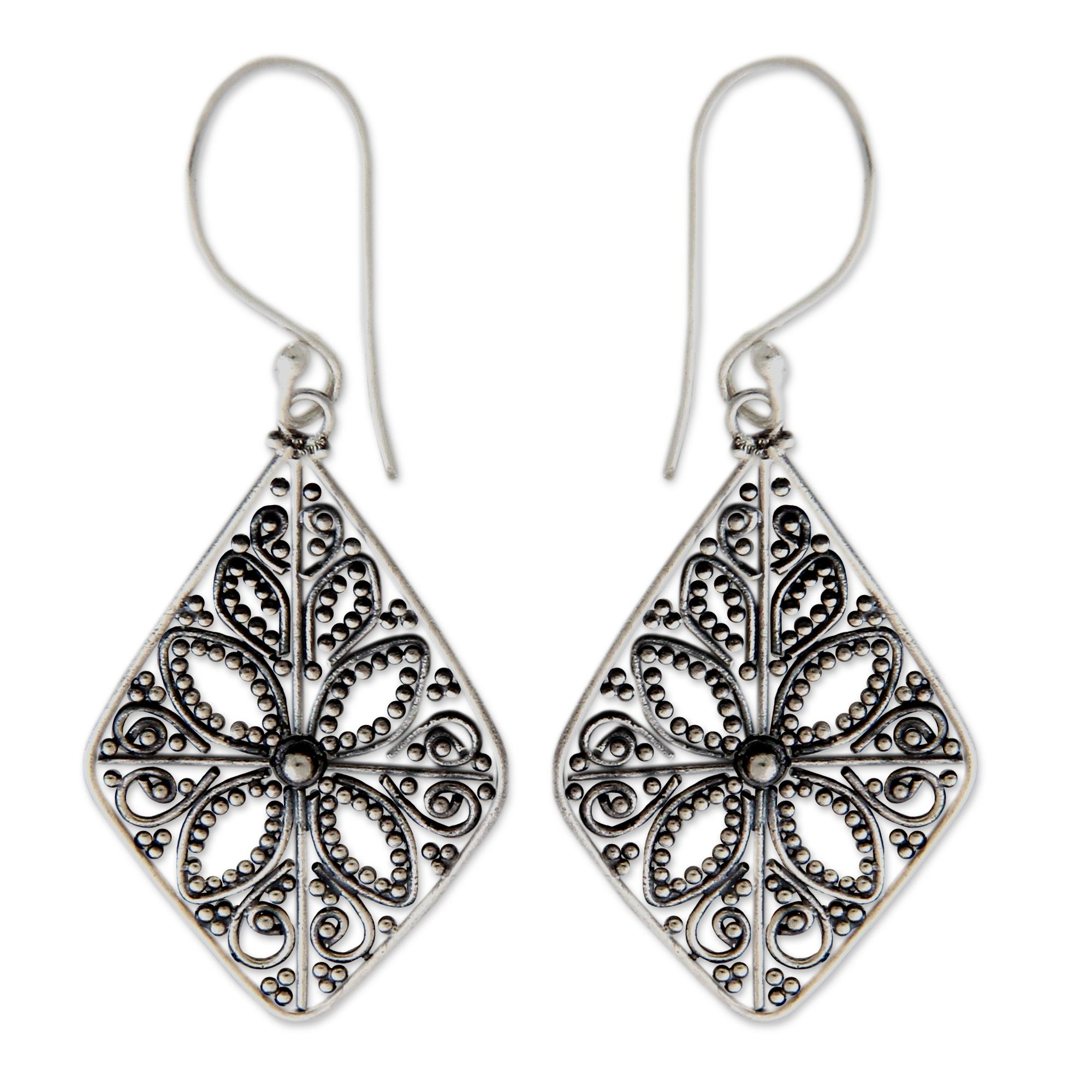 Floral Sterling Silver Dangle Earrings - Four Petals | NOVICA