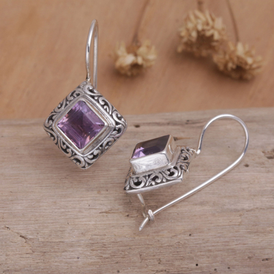 Amethyst drop earrings, 'Ubud Goddess' - Unique Sterling Silver and Amethyst Drop Earrings