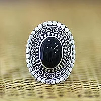 Onyx cocktail ring, 'Majesty Halo'