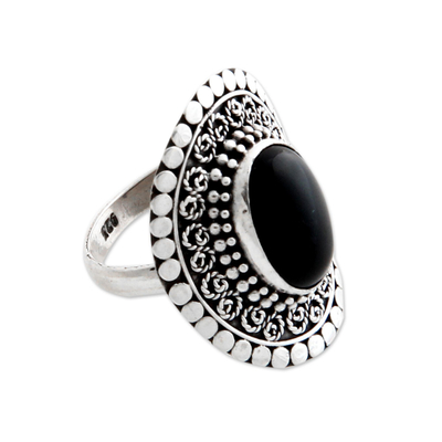 Onyx cocktail ring, 'Majesty Halo' - Sterling Silver and Onyx Cocktail Ring