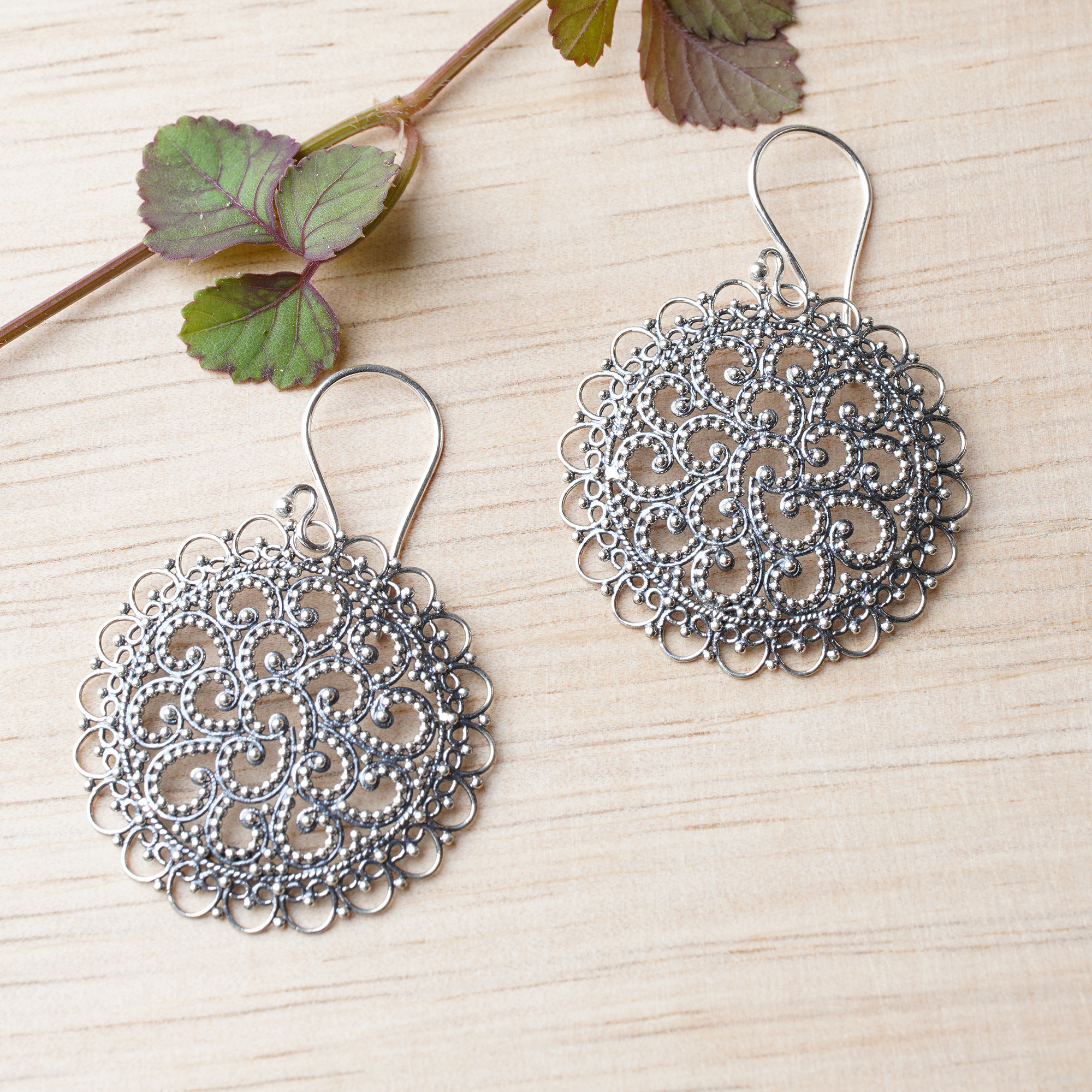 Hand Crafted Sterling Silver Dangle Earrings Filigree Chrysanthemum