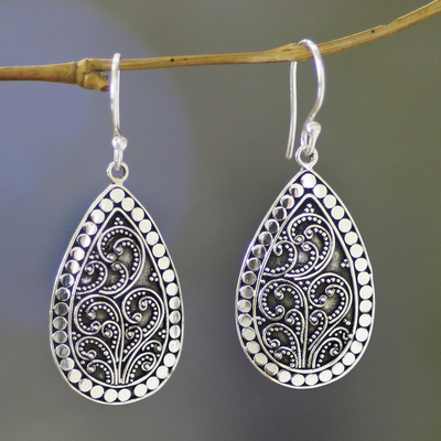 Sterling silver flower earrings, 'Balinese Fern' - Balinese Style Sterling Silver Dangle Earrings