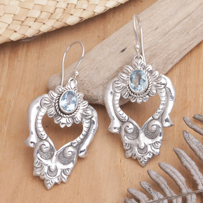 Blue topaz heart earrings, 'Bali Regal' - Blue Topaz and Sterling Silver Dangle Earrings