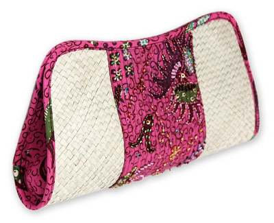 Pandanus and cotton batik clutch bag, 'Indramayu Rose' - Pandanus and cotton batik clutch bag