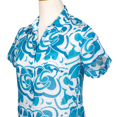 Cotton long shirt, 'Balinese Shadow' - Unique Batik Cotton Patterned Long Shirt / Mini Dress