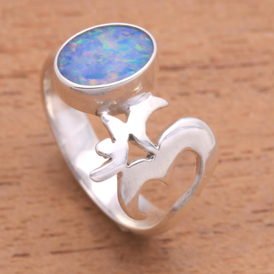 Opal cocktail ring, 'Hindu Meditation' - Unique Opal and Sterling Silver Ring