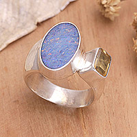 Citrine and opal cocktail ring, 'Ubud Sun' - Handcrafted Opal and Citrine Ring