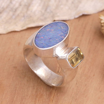 Citrine and opal cocktail ring, 'Ubud Sun' - Handcrafted Opal and Citrine Ring