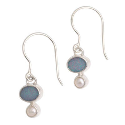 Opal and pearl dangle earrings, 'Karma' - Handcrafted Opal and Pearl Dangle Earrings