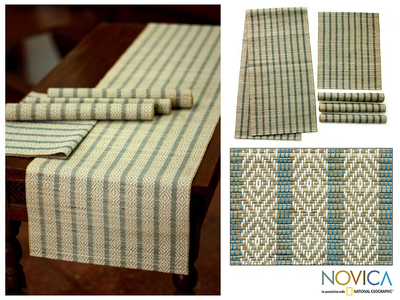 Natural fiber table runner and placemats, 'Ethnic Blue' (set for 4) - Natural Fiber Placemats and Table Runner (Set for 4)