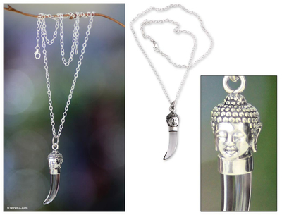 Men's obsidian pendant necklace, 'Buddha Protector' - Men's Obsidian and Sterling Silver Necklace
