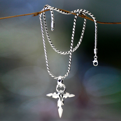 Men's sterling silver cross necklace, 'Courage of Faith' - Men's Sterling Silver Cross Necklace
