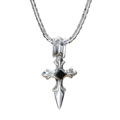 Men's sterling silver cross necklace, 'Protector' - Men's Onyx and Sterling Silver Cross Necklace