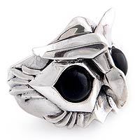Men's onyx ring, 'Owl Power' - Men's Sterling Silver and Onyx Ring