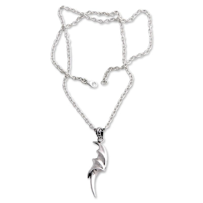 Men's sterling silver pendant necklace, 'Dragon Wing' - Men's Fair Trade Sterling Silver Pendant Necklace