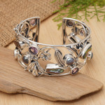 Pearl and amethyst flower bracelet, 'Tropical Frangipani' - Pearl and Amethyst Sterling Silver Cuff Bracelet