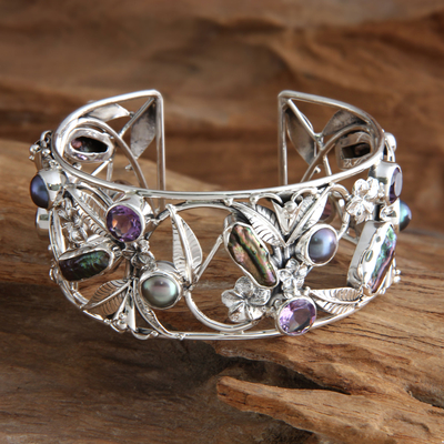 Pearl and amethyst flower bracelet, 'Tropical Frangipani' - Pearl and Amethyst Sterling Silver Cuff Bracelet